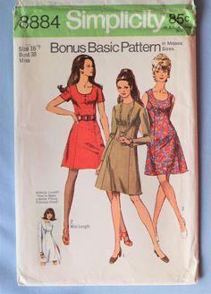 "Simplicity 8884.   Vintage 1970 Mod princess seam dress pattern.    Size 16.  (Bust 38\", Waist 29\", Hip 40\") Pattern is uncut and factory folded. As described, \"Misses' Bonus Basic Princess Dress with Two Necklines in Two Lengths: (Including a Bonus Chart...\"How to Make a Better Fitting Princess Dress\"). The collarless dress with princess seaming has back zipper and optional purchased belt. V. 1 has high round neckline and long set-in sleeves. V. 1 & 3 are regular length. Mini-length V. 2 has short set-in sleeves. V. 2 & 3 with lowered round neckline have optional top-stitching and button trim. V. 3 is sleeveless.\" Classic dress from late 60's and early 70's." Mod Dress Pattern, Princess Dress Patterns, Princess Seam Dress, Simplicity Patterns Dresses, 1970s Sewing Patterns, Simplicity Dress, Robes Vintage, Motif Vintage, Dress Princess