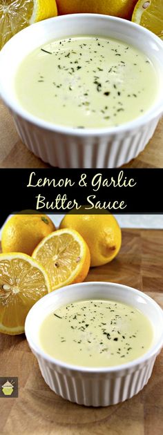 lemon and garlic butter sauce in a white bowl