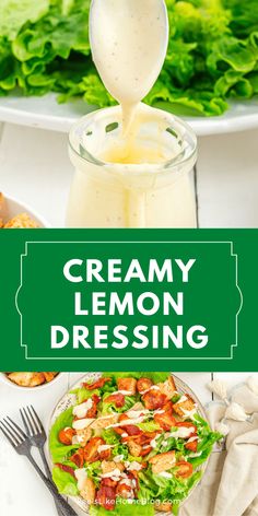 creamy lemon dressing being drizzled over a salad with lettuce in the background