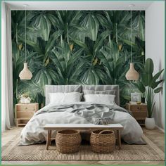 a bedroom with a large green leafy wallpaper behind the bed and two wicker baskets on the floor