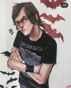 a drawing of a man with glasses and bats on the wall behind him, holding his arms crossed