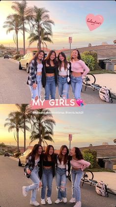 three girls posing for the camera with their arms around each other in front of palm trees