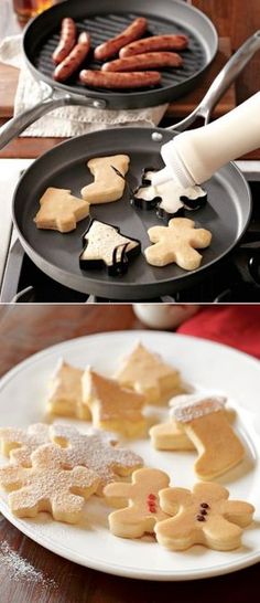 some cookies are being cooked on a pan and then cut into small pieces with icing