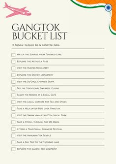 an orange and white checklist with the words gangtok bucket list