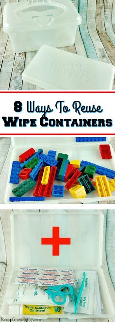 the instructions for how to reuse wipe containers with legos and construction tools in them