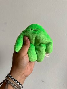 a person holding a green stuffed animal in their hand