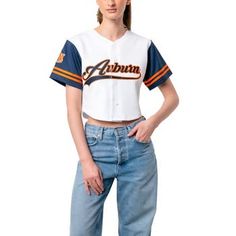 Celebrate your unwavering Auburn Tigers spirit with the Women's Established & Co. White Auburn Tigers Baseball Jersey Cropped T-Shirt. This stylish tee features embroidered fabric applique and graphics, proudly displaying your allegiance to the Auburn Tigers. Its rounded bottom hem and full-button front add a touch of sophistication, while the cropped hem keeps you on-trend. Made from durable polyester, this jersey is perfect for game days or any day you want to show your Auburn Tigers pride Cropped Baseball Jersey, Baseball Jersey Women, Varsity Tees, Tigers Baseball, Women Ideas, Fabric Applique, Baseball Women, Tiger T Shirt, Auburn Tigers