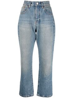 high-rise washed cropped jeans from VICTORIA BECKHAM featuring blue, cotton, leather, washed, high waist, button fly fastening, classic five pockets, logo patch to the rear, belt loops, straight leg and cropped leg. | Victoria Beckham High-Rise Washed Cropped Jeans Victoria Beckham Jeans, Stone Island Clothing, Valentino Clothing, Jeans Cropped, Tshirt Skirt, Washed Jeans, Shirt Skirt, Jacket Sale, Jil Sander