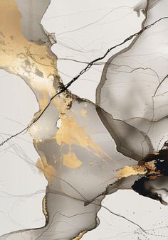 an abstract painting with gold and silver paint on it's surface, including lines