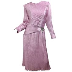 Beautiful vintage 80s MORTON MYLES pink / purple fortuny pleated long sleeve beaded and pearl dress! The perfect shade of somewhere between pink and purple! Fantastic amount of detail to this beauty, with hand sewn pearls and beads at side left waist. Comfortable, stylish, and flattering. Hidden zipper up the back with hook-and-eye closure. Looks amazing on. In great condition. Made in USA Marked Size US 10 Measurements: 38 inch bust 30 inch waist 40 inch hips 44.5 inches from top back shoulder 10s Aesthetic, Madam Butterfly, Fortuny Pleats, 1980s Women, Plisse Dress, Rose Violette, Designer Evening Dresses, Pearl Dress, Classical Style