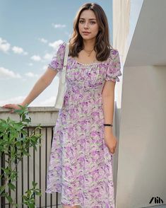 Zlily - Floral Chiffon Dress with Round Collar and Lace Trim Purple Chiffon Maxi Dress For Summer, Purple Maxi Chiffon Dress For Summer, Elegant Purple Chiffon Dress For Summer, Summer Purple Chiffon Dresses, Flowy Casual Chiffon Dress For Spring, Flowy Chiffon Dress For Spring, Casual Chiffon Midi Dress For Spring, Floral Print Midi Chiffon Dress, Summer Floral Chiffon Dress With Short Sleeves