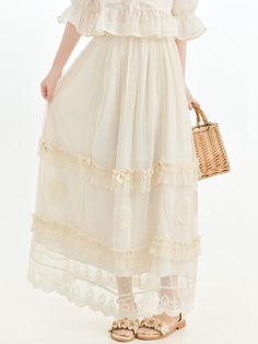 The price is for a skirt only, others are not included.  Garment Size   	 		 			Size 			S 			M 			L 		 		 			Waist 			60-88 			63-92 			66-96 		 		 			Full Length 			88 			89.5 			91 Flowy Midi Petticoat For Summer, Spring Lace Bottoms With Tulle Skirt, Cream Tiered Skirt For Summer, Vintage Tiered Skirt Petticoat For Spring, Summer Flared Maxi Skirt With Lace Trim, Cream Ruffled Skirt For Summer, Summer Lace Long Skirt, Lace Ruffled Maxi Skirt For Summer, Long Lace Skirt For Summer