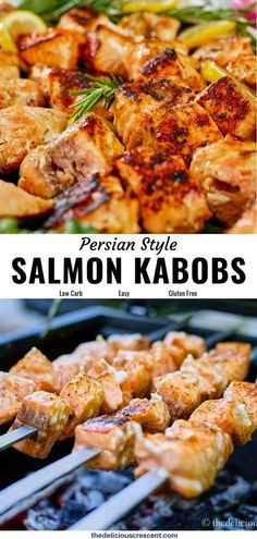 grilled salmon kabobs with text overlay that reads persian style salmon kabobs