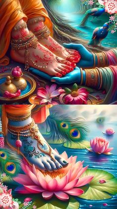 the foot and feet of a woman with jewelry on it, surrounded by water lilies