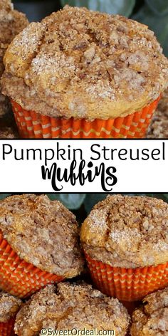 pumpkin streusel muffins stacked on top of each other with text overlay