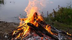 there is a fire burning on the ground next to some water and grass with sticks sticking out of it