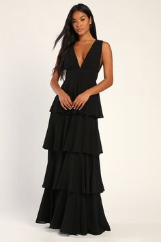 Amazing Evening Black Tiered Maxi Dress Black Wedding Guest Dresses, Black Floor Length Dress, Black Chiffon Dress, Dresses Lulus, Dress With Pleats, Black Dress Formal, Tiered Maxi Skirt, Formal Dresses Gowns, Black Bridesmaid Dresses