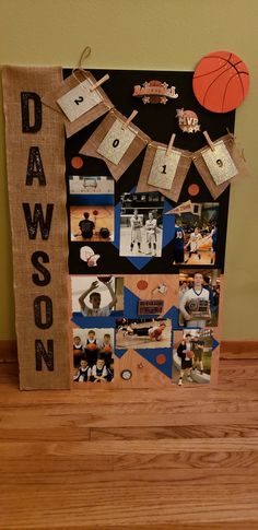 this is an image of a personalized photo collage with basketball pictures and clothes pins