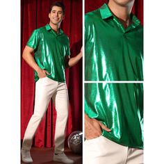 The Lars Amadeus Metallic Polo Shirt is designed to make a bold fashion statement with its shiny metallic fabric and slim fit. Perfect for summer night outs, clubs, themed parties, or stage performances, this polo shirt features a turndown collar and short sleeves. Pair it with dark jeans, faux leather trousers, or leather jackets for a unique and trendy style. Made from lightweight fabric, it ensures comfort while keeping you stylish. Hand wash recommended. Shiny Summer Club Tops, Shiny Disco Tops For Summer, Disco Style Shirt For Night Out In Summer, Summer Disco Shirt For Night Out, Disco Style Summer Shirt For Night Out, Summer Disco Style Party Shirt, Summer Disco Party Shirt, Fitted Disco Shirt For Summer, Short Sleeve Tops For Summer Costume Party