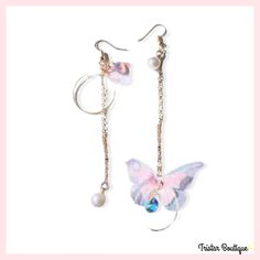 Your earrings collection is not complete without these precious fairy butterfly earrings.
These pastel dangle earrings are perfect for nature and fairy fans.
Check more unique pieces from our cute and adorable earrings collection.
Enjoy our service of FREE international shipping with tracking.

For more information, check our FAQ page. Party Jewelry With Butterfly Dangle Charm, Whimsical Butterfly Charm Jewelry For Party, Whimsical Party Jewelry With Butterfly Charm, Butterfly Charm Earrings For Party, Party Butterfly Charm Earrings, Party Butterfly Earrings With Charm, Fairycore Earrings For Pierced Ears For Party, Iridescent Fairy-style Jewelry For Parties, Iridescent Fairy Jewelry For Parties