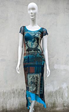 "Very cool mesh dress abstract print from Save The Queen. The dress is lined in blue mesh fabric, and has an asymmetrical hem. Size tag M, fits S-L best (see measurements ) Condition 9/10 (good vintage condition) Made in Italy Underarm to underarm - cm/\" (the mesh stretches) Length from the back - cm/\" (the mesh stretches) All measurements taken with garment lying flat. Vintage sizes vary greatly! We recommend comparing measurements with a similar style garment you own for best fit! If you hav Save The Queen Top, Save The Queen Clothing Italy, Fitted Blue Mesh Dress For Summer, Blue Sheer Mesh Dress, Blue Fitted Mesh Dresses, Fitted Blue Mesh Dress, Early 2000s Fashion Aesthetic, Vintage Gaultier, Save The Queen Dress