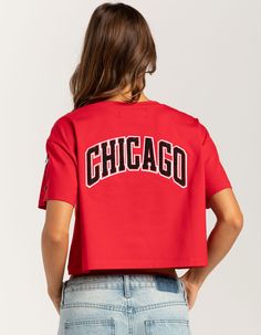 Pro Standard Chicago Bulls Crop Tee. Team Patch On Left Chest, Left Sleeve, And Back. Ribbed Crew Neckline. Short Sleeve. Cropped And Boxy Fit. 94% Cotton, 6% Spandex. Machine Wash. Imported. Model Is Wearing A Size Small. Model Measurements:height: 5'8" Bust: 34"waist: 25"hips: 37.5" Trendy Sports Tops With Logo Print, Trendy Red T-shirt For Sports, Fitted Athleisure Tops For College, Stretch Jersey Sports Tops, Jersey Graphic Tee With Letter Print, Casual Jersey Tops With Letter Print, Graphic Tee With Crew Neck In Jersey, Graphic Tee With Crew Neck In Jersey Material, Jersey Short Sleeve Top For Athleisure