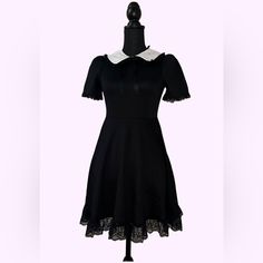 Stretchy Fabric Pit To Pit (Flat); 15.5”-18.5” Waist (Flat); 13.5”-16.5” Length; 30” Sleeve Length; 8.5” Shoulder;3.5” Labeled As Us Women Size Xs Fitted Mini Dress With Lace Collar And Short Sleeve, Fitted Black Mini Dress With Doll Collar, Black Fitted Mini Dress With Doll Collar, Fitted Party Dress With Peter Pan Collar, Gothic Short Sleeve Dress With Lace Trim, Black Peter Pan Collar Party Dress, Black Summer Dress With Peter Pan Collar, Spring Black Mini Dress With Lace Collar, Fitted Black Dress With Lace Collar