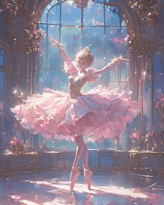 a ballerina in a pink dress is standing by a window with flowers on it