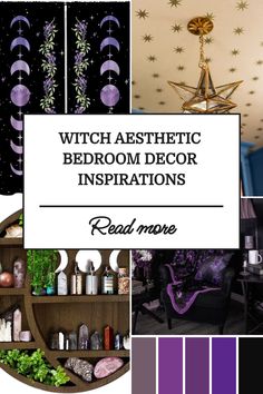 purple and black bedroom decor with text overlay that reads, witch aesthetic bedroom decor inspirations read more