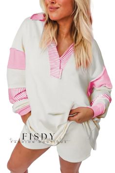 Fisdy - Modern White Colorblock Striped Split Neck Collared Sweatshirt Collared Sweatshirt, Striped Sweatshirts, Long Sleeve Print Dress, Round Neck Dresses, Long Black Dress, Jumpsuit Shorts Rompers, Collar Designs, Pink Stripes, White Sweatshirt