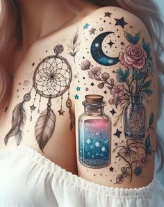 a woman's stomach with tattoos on it and an image of a dream catcher in a jar