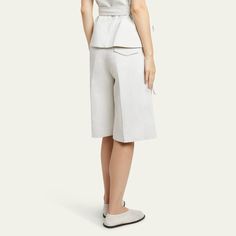 Proenza Schouler "Jenny" cotton linen suiting shorts with pintuck front High waist Side slip pockets; back flap pocket Straight legs Knee length Tab/zip fly; belt loops Cotton/linen Dry clean Made in Poland Linen Paperbag Waist Pants For Workwear, Elegant Knee-length Bermuda Shorts With Pockets, Chic Belted Cotton Shorts, Cotton Workwear Shorts With Paperbag Waist, High-waisted Shorts For Office In Summer, Elegant Office Shorts With Pockets, High-waisted Shorts For Summer Office Wear, Linen Workwear Shorts With Welt Pockets, Linen Shorts With Welt Pockets For Work