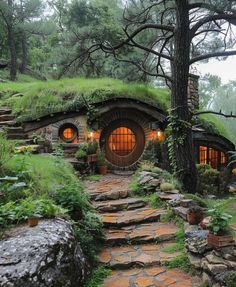 a stone path leading to a hobbot house with grass growing on the roof