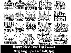 happy new year svg bundle with the words and numbers in different font styles,