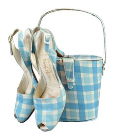 Shoes and Purse 1950s blue checks plaid 1950s Shoes, Picnic Box, Bucket Purse, Box Purse, Fur Coat Vintage, Leather Footwear, Retro Mode, Peep Toe Shoes, Vintage Fur