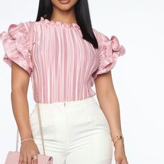 Fashion Nova Ruffle Sleeved Top Size Small Never Worn, Tag Not Attached Trendy Fitted Blouse With Ruffle Sleeves, Spring Party Striped Blouse, Striped Blouse With Puff Sleeves, Feminine Striped Blouse For Spring, Trendy Pink Blouse With Ruffles, Fitted Striped Blouse With Ruffles, Trendy Striped Tops With Ruffles, Pink Ruffled Tops For Work, Fashion Nova Tops