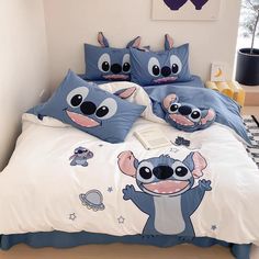 a bed with cartoon characters on it