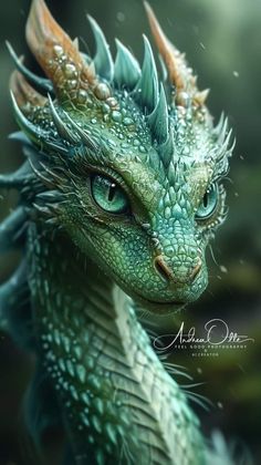 a close up of a green dragon with blue eyes