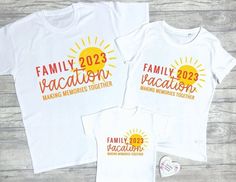 "Make your family holiday even more of a memorable occasion with a whole family matching t-shirt set!  This t-shirt set is the perfect way to celebrate your upcoming trip, to wear as the airport or as a way to document the special trip together in photographs as a beautiful keepsake.  With sizes and styles available for all the family, nobody is let out! Our sizes range from 0-3 months up to size 9-10 for children, S to XXL for men and XS to XL for women.  This design features the wording \"Family vacation\" and the year, as well as \"Making memories together\" in a sunny colour scheme.  All our t-shirts are 100% soft touch cotton, which is perfect for children's delicate skin. **SIZING** All our items start at age 0-3 months up to age 10, but larger sizes can be obtained if needed, so ple White T-shirt With Name Print For Family Gatherings, Customizable White T-shirt For Family Reunion, White T-shirt For Father's Day Family Reunion, White Custom Print T-shirt For Family, Customizable White Tops For Family Gatherings, White Letter Print Top For Family Gatherings, White Tops With Letter Print For Family Gatherings, White Graphic Print Tops For Family Gatherings, Customizable White T-shirt For Family Gatherings