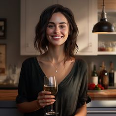 a woman is holding a glass of wine in her hand and smiling at the camera