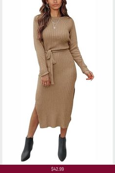 Women Long Sleeve Crew Neck Casual Dress Button Loose Fitting Sweater Fall Winter Tunic Dress Casual First Date Outfit, Cold Weather Outfits Casual, Casual New Years Eve Outfits