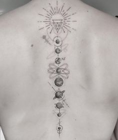 the back of a woman's neck with an image of planets and sun on it