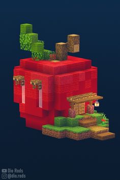 A cute and simple apple house for minecraft survival. Minecraft Build Survival, Simple Mc House Ideas, Minecraft Building Ideas House Survival, Minecraft Shinto Shrine, Minecraft Melon House, Blueberry House Minecraft, Tiny Minecraft Building Ideas, Lava Farm Minecraft Ideas, Minecraft House Shape Ideas