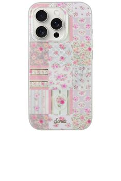 an iphone case with flowers and stripes on the front, featuring two camera lens covers