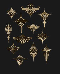 a set of ornamental designs in gold on a black background, each with different shapes and sizes