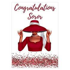 a woman wearing a red hat with confetti around her neck and the words congratulations sor on it