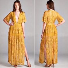 Brand New With Tags Size Small #Lacedress #Yellowdress #Bohodress #Maxidress Gold Bohemian V-neck Dress, Yellow Lace Maxi Dress For Party, Yellow Lace Maxi Dress For Summer, Fitted Yellow Bohemian Dress, Bohemian Yellow Maxi Dress, Bohemian Mustard V-neck Dress, Elegant Yellow Lace Maxi Dress, Yellow Bohemian V-neck Maxi Dress, Yellow Bohemian Maxi Dress With V-neck