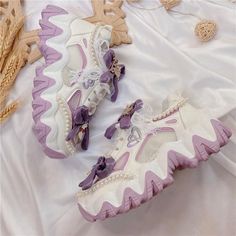 Purple Bow, Kawaii Shoes, Kawaii Cosplay, Purple Bows, Streetwear Sneakers, Purple Satin, Lace Up Sneakers, Platform Slippers, Sweet Lolita