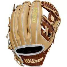 a baseball glove with the word wilson on it's front and back side in brown, tan and white