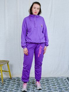 "AUNT GERTRUDE PRESENTS - vintage 90's purple tracksuit - brand: Skis Dynastar - lined, insulated - material: 100% cotton CONDITION (1-10 ❶❷❸❹❺❻❼❽ Good vintage condition SIZE/MEASUREMENTS size from label: XL TOP chest: 52 inches (132 cm) length: 23,5 inches (60 cm) sleeve length from armpit: 18 inches (46 cm) PANTS waist: 33-40 inches (84-102 cm) elastic waist hips: 44 inches (112 cm) rise: 12 inches (31 cm) length: 40 inches (101 cm) inseam: 30 inches (76 cm) The model is 5'9\" (174 cm), measur Purple Tracksuit, Blue Sweatpants, Adidas Tracksuit, Purple Line, Womens Sports, Polka Dot Shorts, Snow Sports, Pink Sports, Sweatpants Set